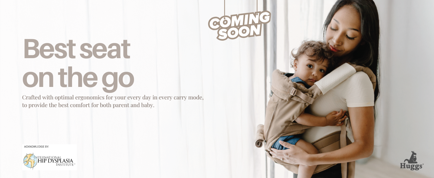 Huggs baby carrier in a neutral colour shown with its ergonomic straps and structured support.